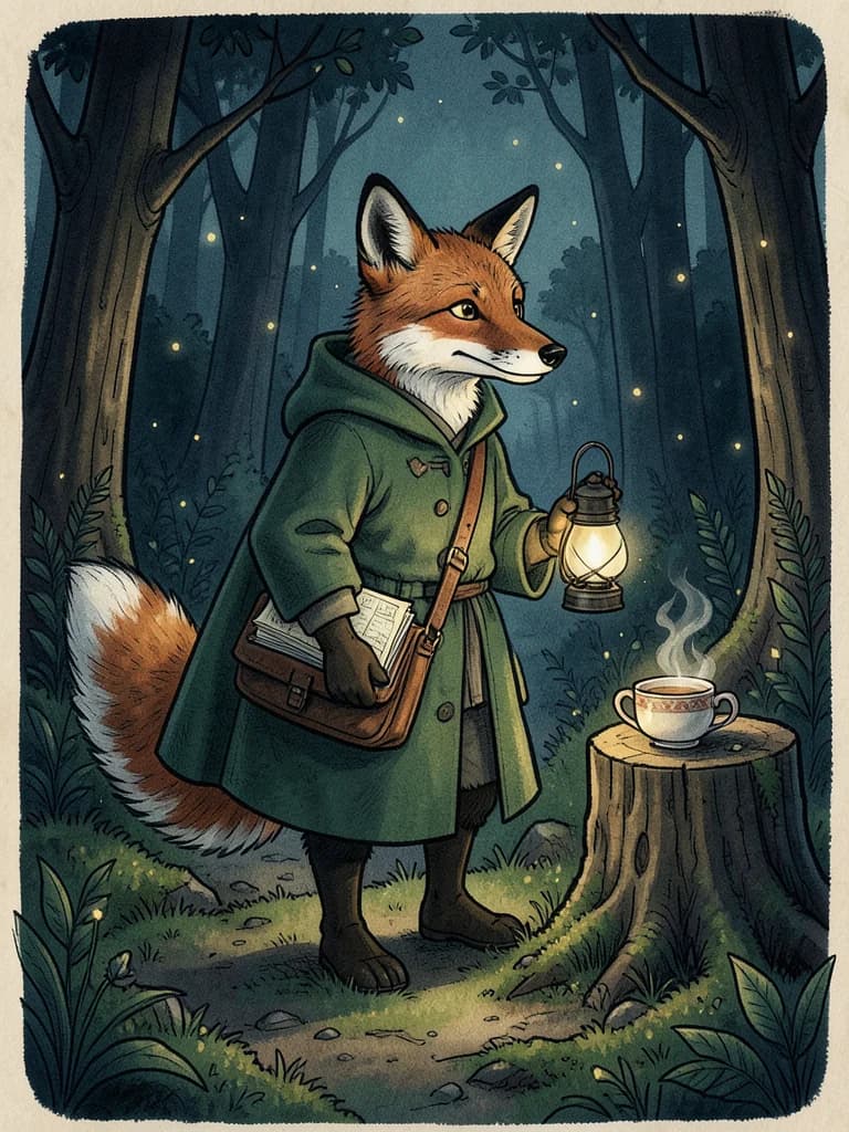 Example Leaf Tale character: a fox explorer with a lantern
