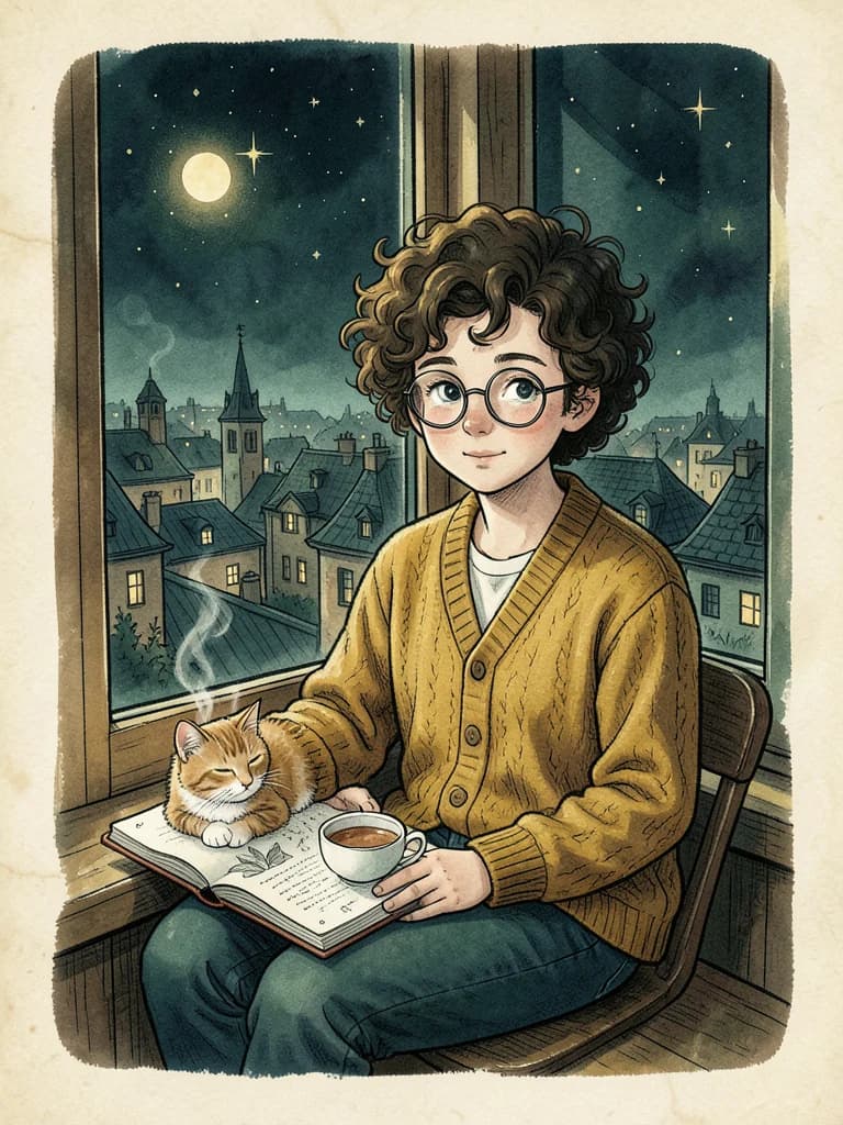 Example Leaf Tale character: a curly-haired reader in a window seat